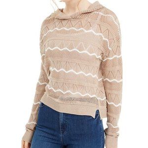 Beige Pointelle-Knit Hoodie Sweater